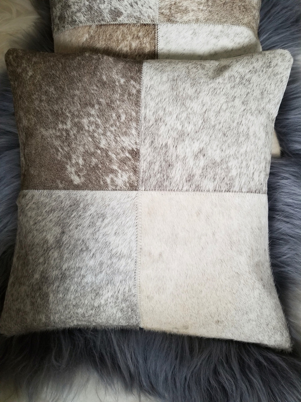 Cowhide Cushion Cover Patchwork Grey White Pillow Covers 16 by 16 inches