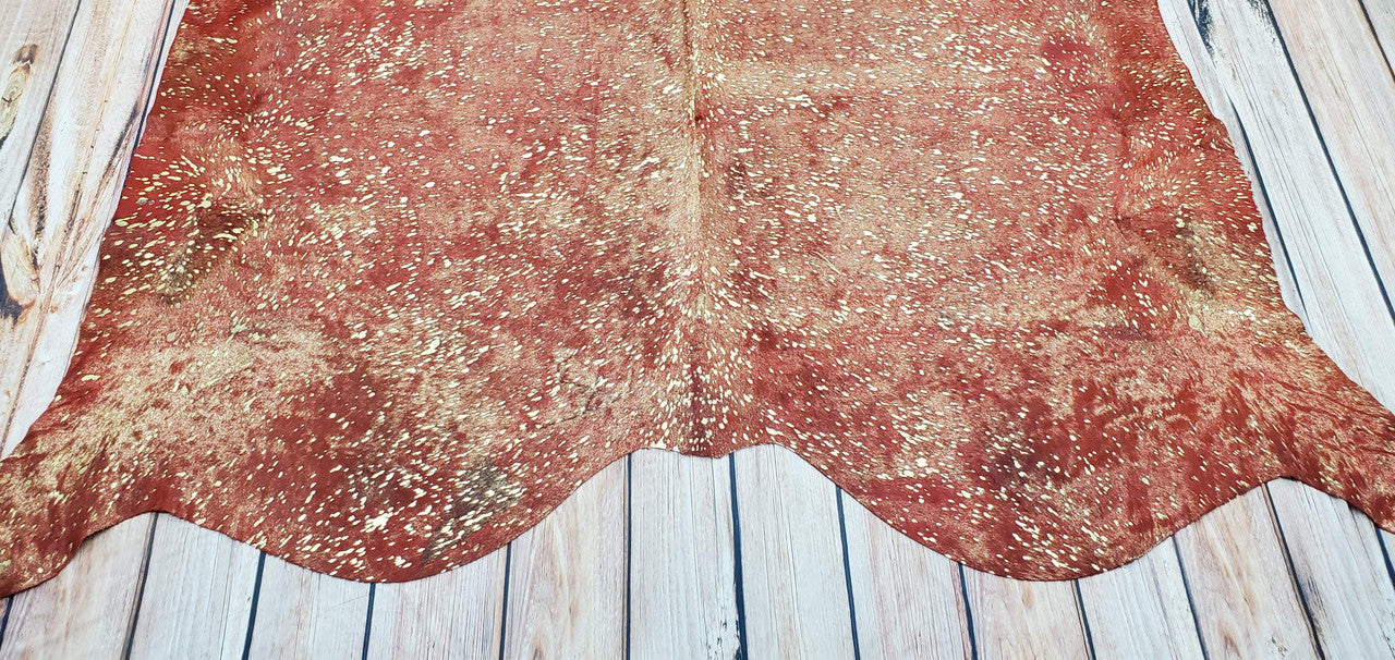 Gold Metallic On Red Cowhide Rug 95 X 83 Inches