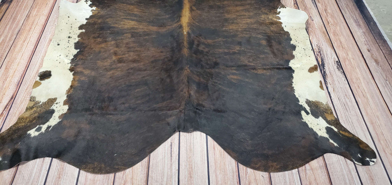 Large Dark Brown Black White Cowhide Rug 7.5ft X  6.75ft