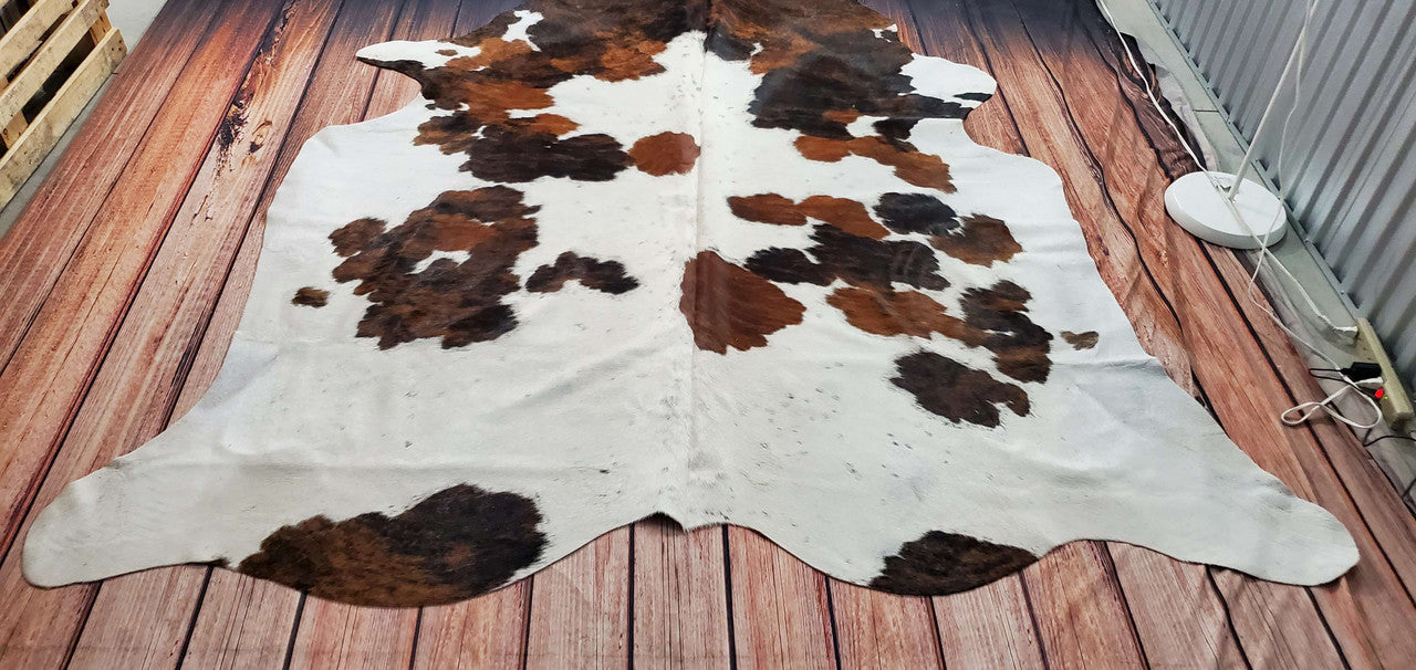 Extra Large Tricolor Cow Skin Rug 7.5ft x 7ft