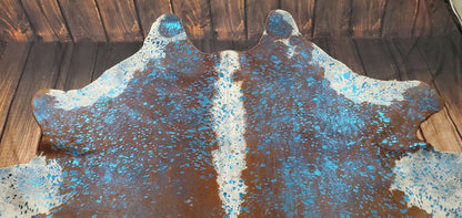 Large Cowhide Rug Blue Metallic 7.3ft x 5.8ft