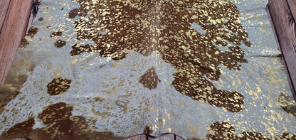 Gold Metallic On Brown White Cowhide Rug 7.3ft x 6.1ft