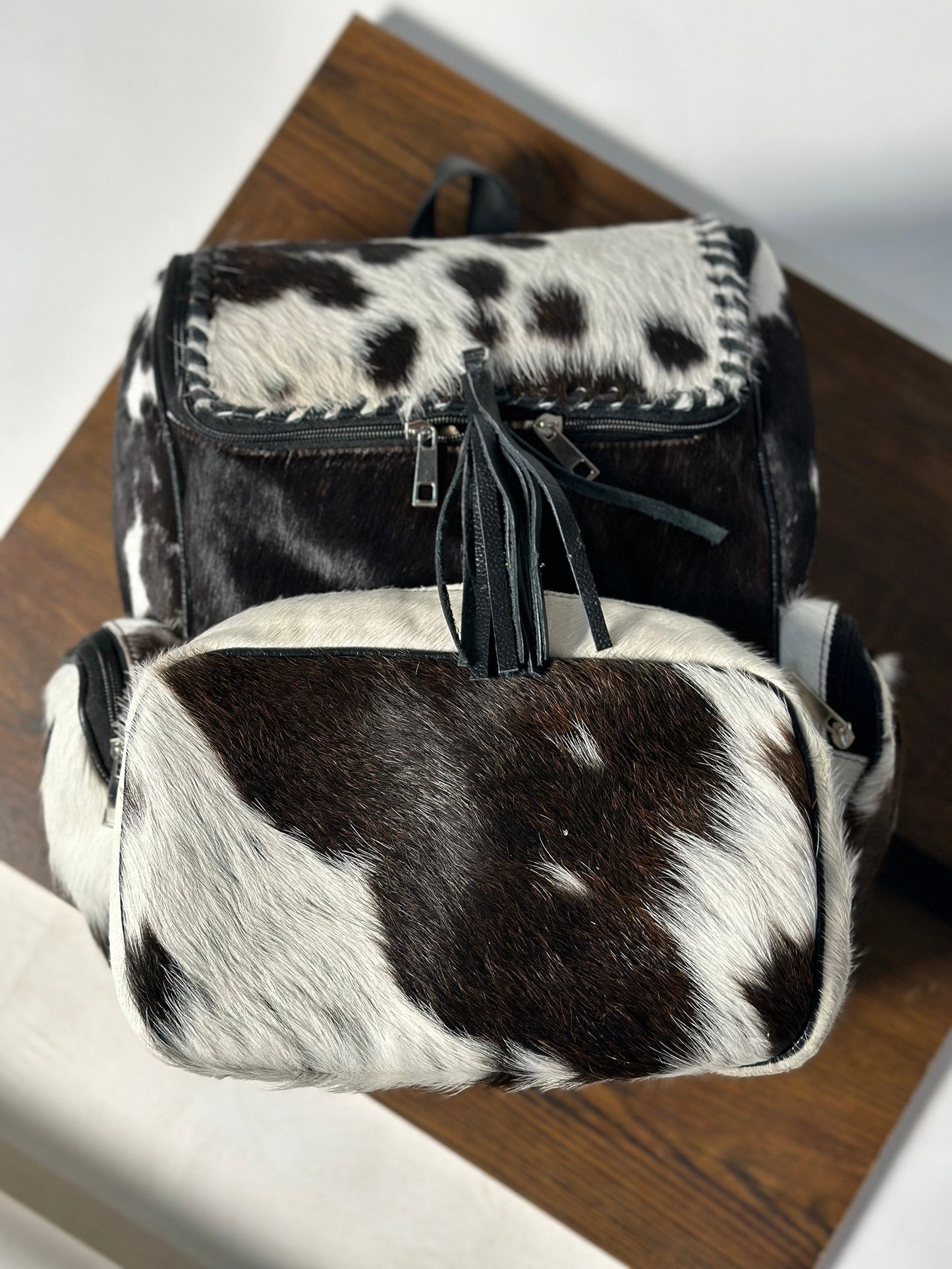 Black White Cow Hide Fur Backpack