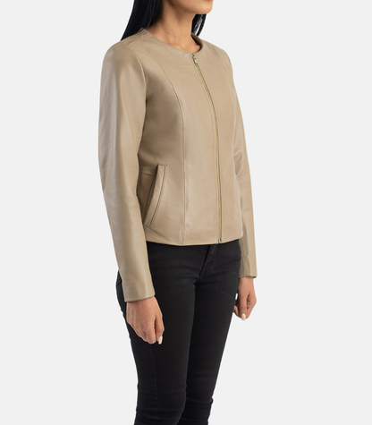 Beige Leather Collarless Jacket