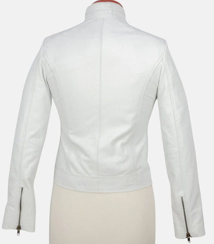 White Bomber Leather Jacket Women