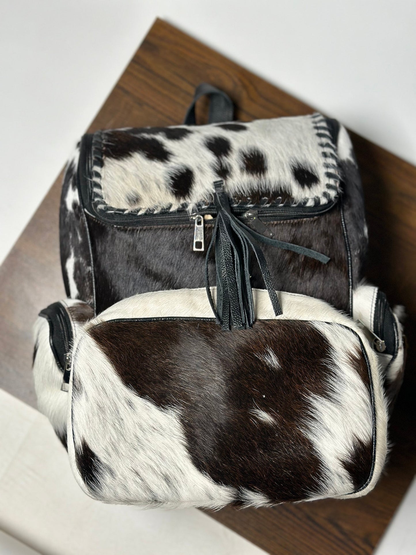 Black White Cow Hide Fur Backpack