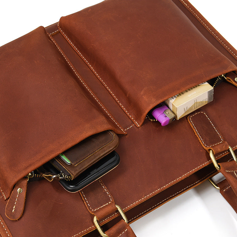 Men crazy horse leather laptop briefcase
