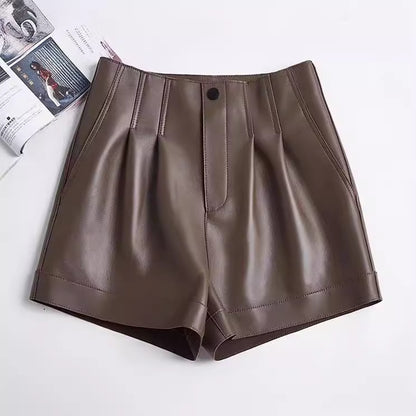 High waisted sheepskin leather shorts for women
