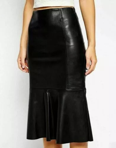 midi length black leather skirt