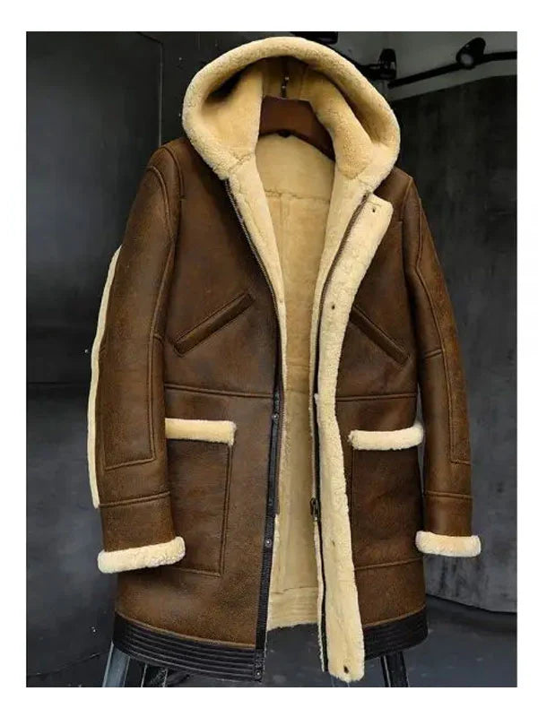 Mens Hooded Shearling Leather Jacket