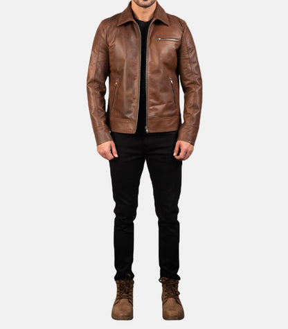 Brown Leather Men Biker Jacket