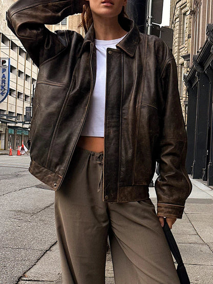 brown Oversized Leather Bomber Jacket