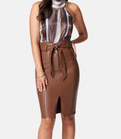 Genuine brown Leather Skirt With Belt