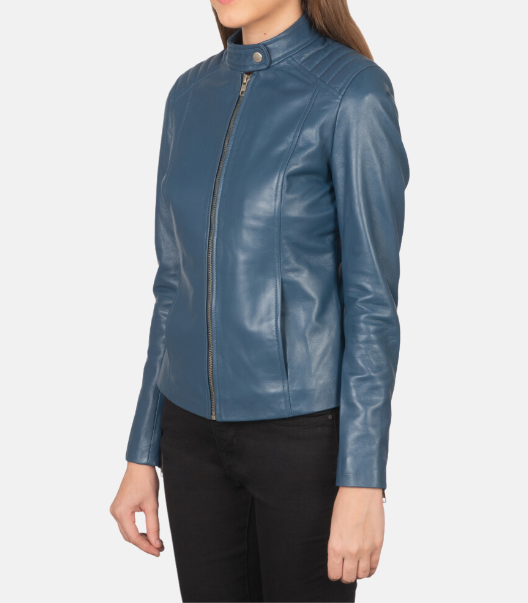 Women’s Blue Leather Biker Jacket