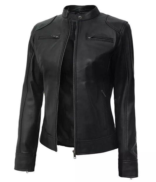 black moto leather jacket for women