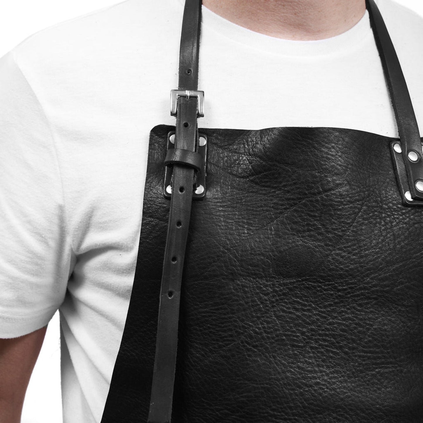 Black leather woodworking apron