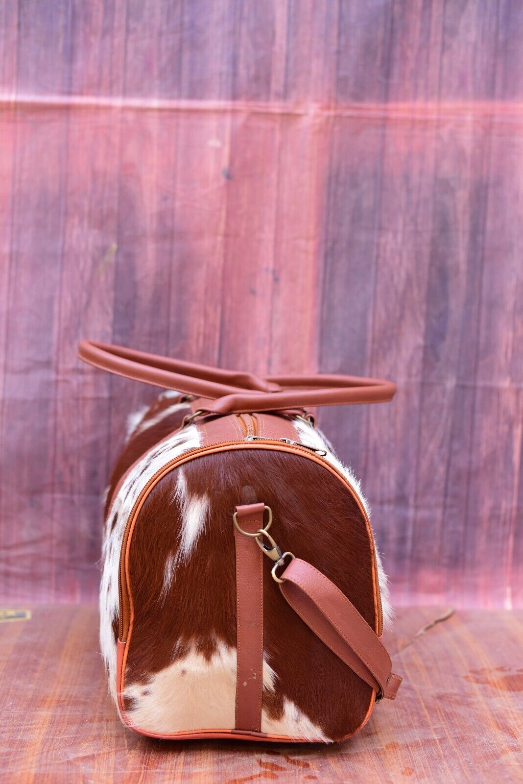 Brown White Cowhide Luggage Bag