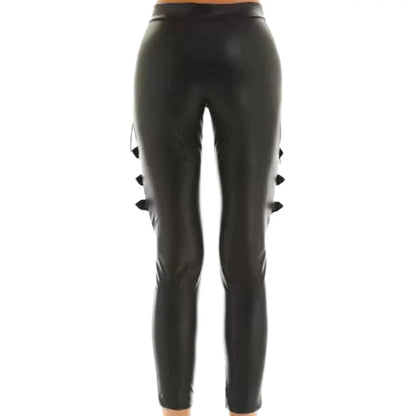 black leather lace up skinny pants