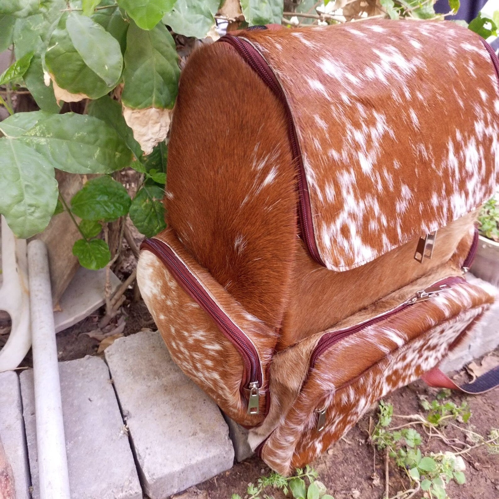 Cowhide Mommy Backpack Brown White Leather Diaper Bag