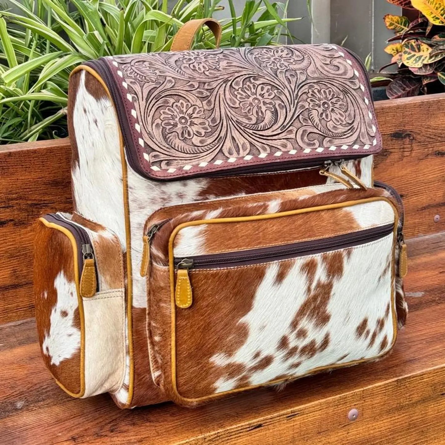 Cowhide Backpack With Tooled Leather