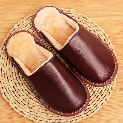 Winter Slippers for Women with Leather Upper and Plush Lining