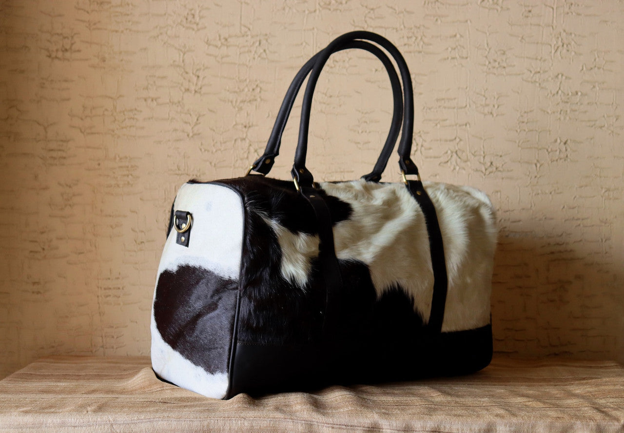 Black White Cowhide Travel Duffle Bag