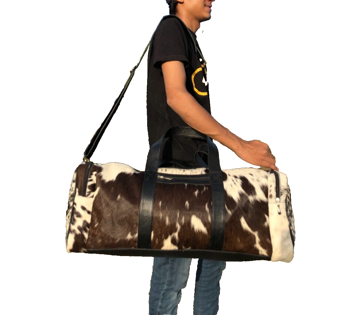 Large Cowhide Duffel Bag Black White