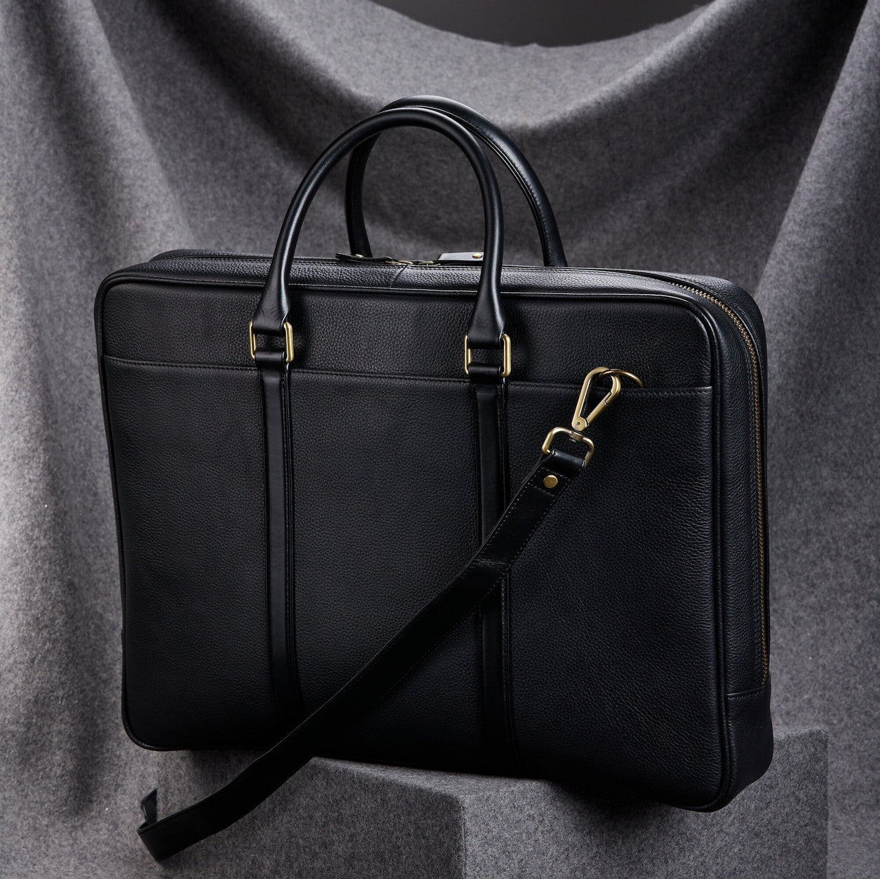 Slim Black Leather Briefcase with Double Handles