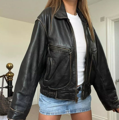 women's oversized black leather jacket