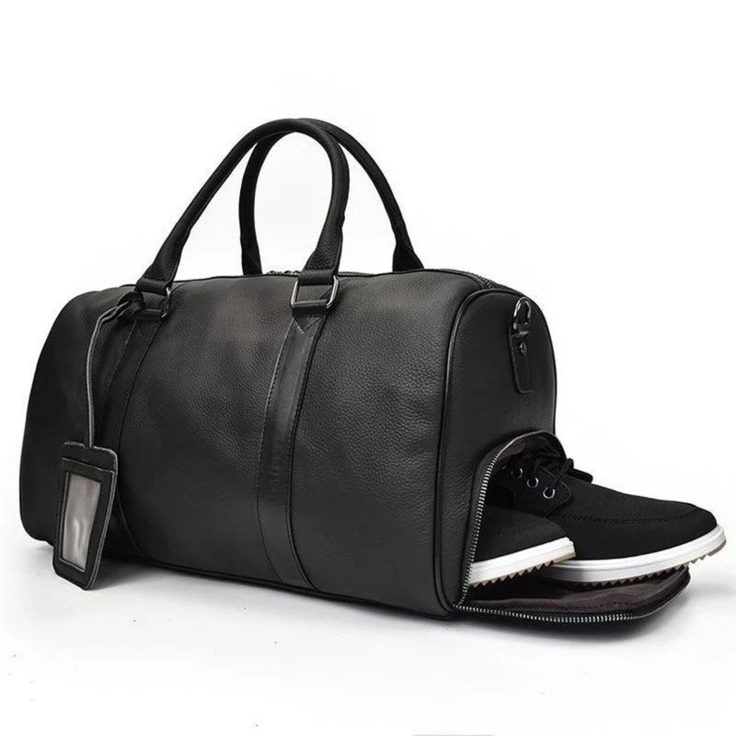 Black Leather Duffle Bag With Shoe Compartment