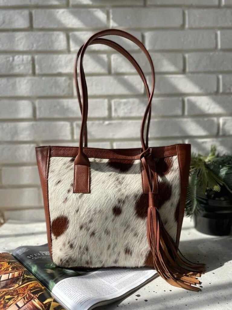 Brown White Cow Skin Tote Bag