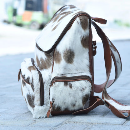 Brown White Genuine Cowhide Backpack