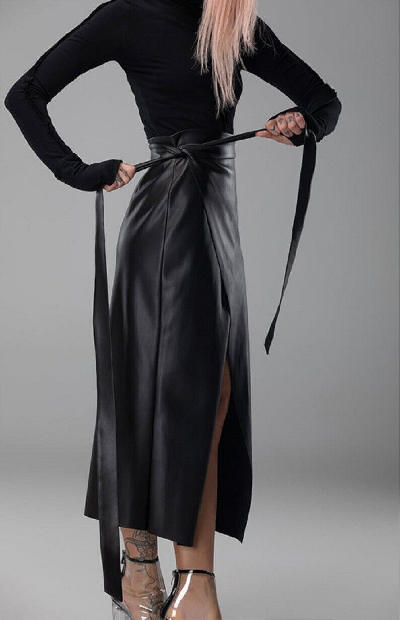 Real Leather Long Wrap Skirt