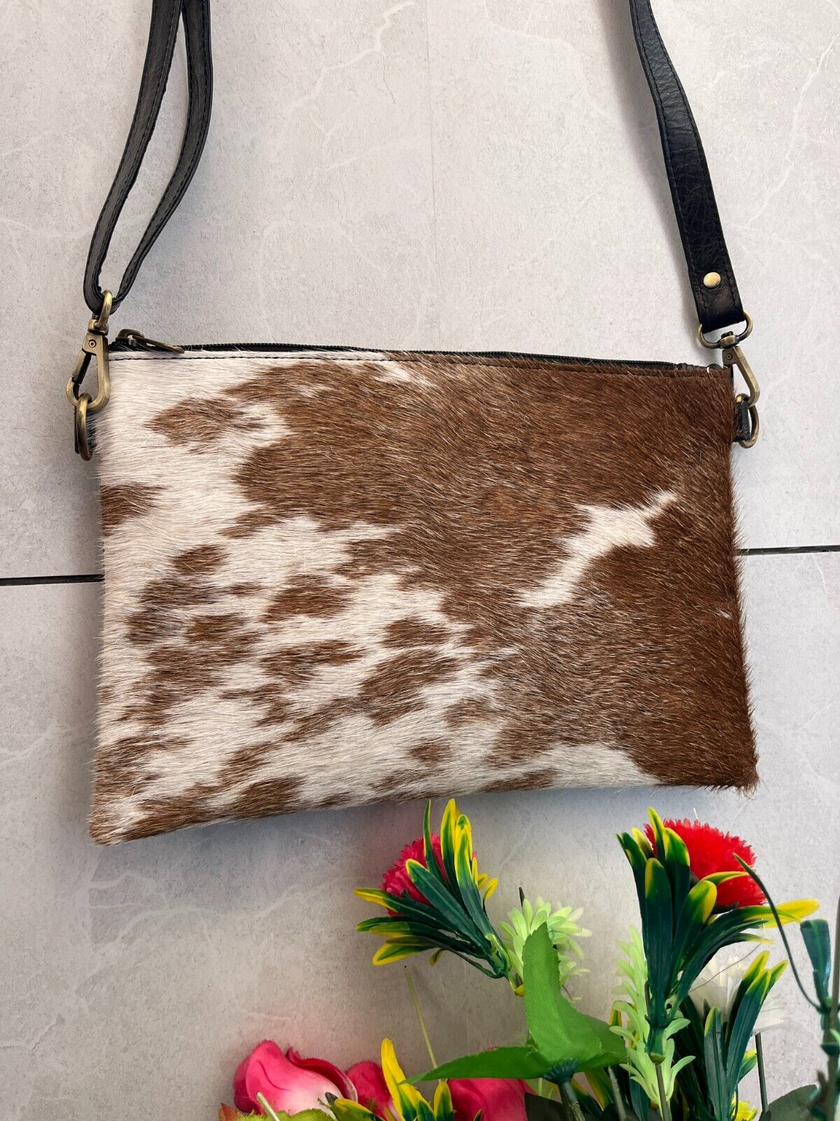 Cowhide Crossbody Bag Brown White