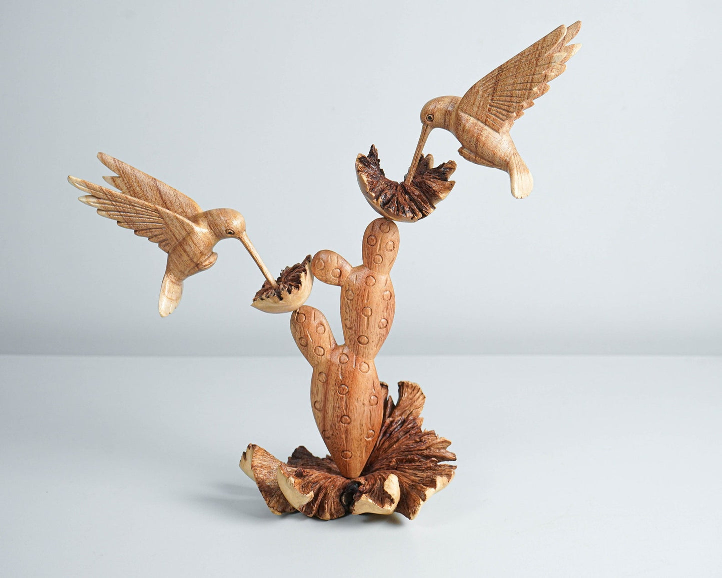 Wooden Sculpture Hummingbirds and Cactus Flower