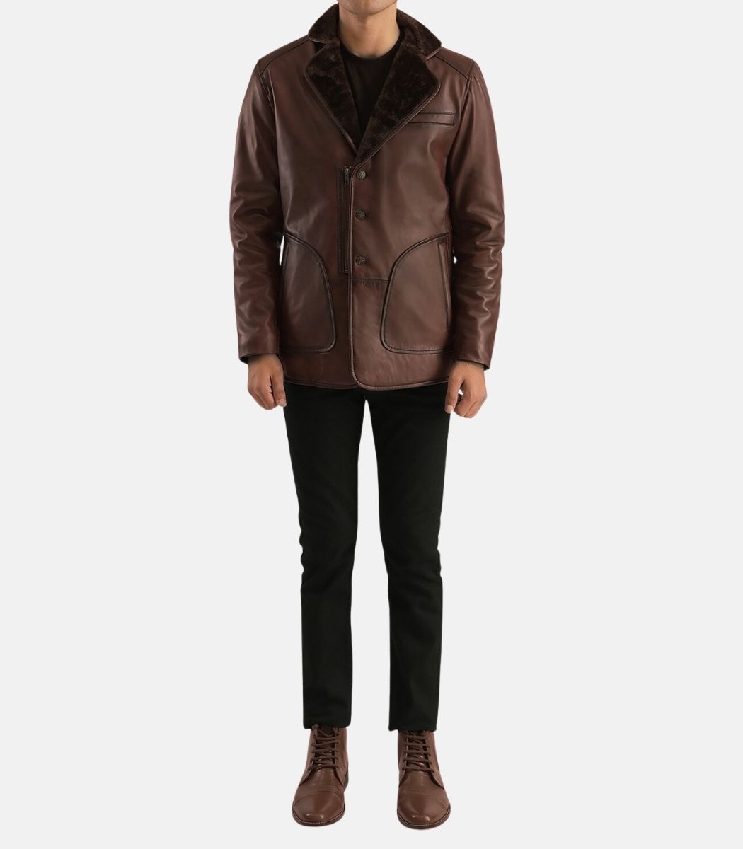 Brown fur leather jacket mens