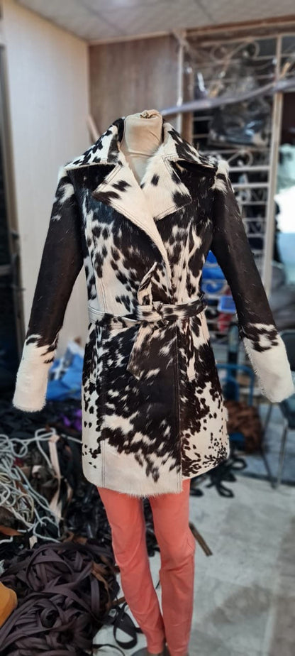 Cowhide Fur Long Coat Black White