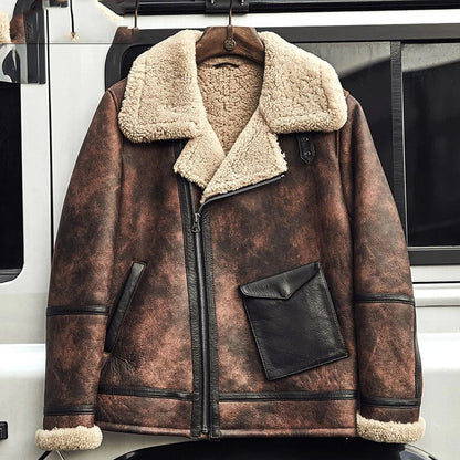 brown waxed leather aviator shearling jacket