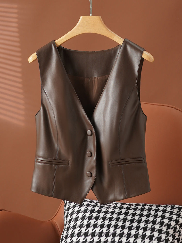 Women's short leather vest with v neck