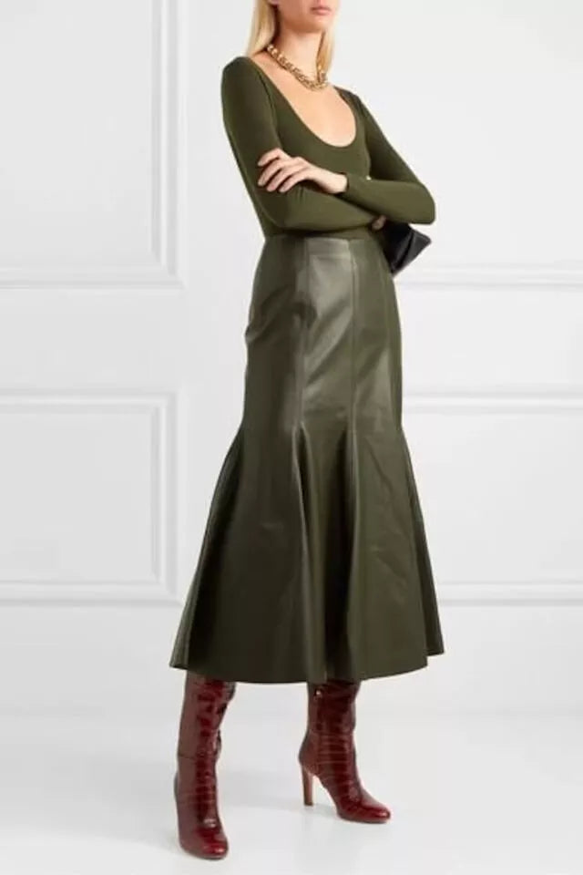 Midi length real leather skirt