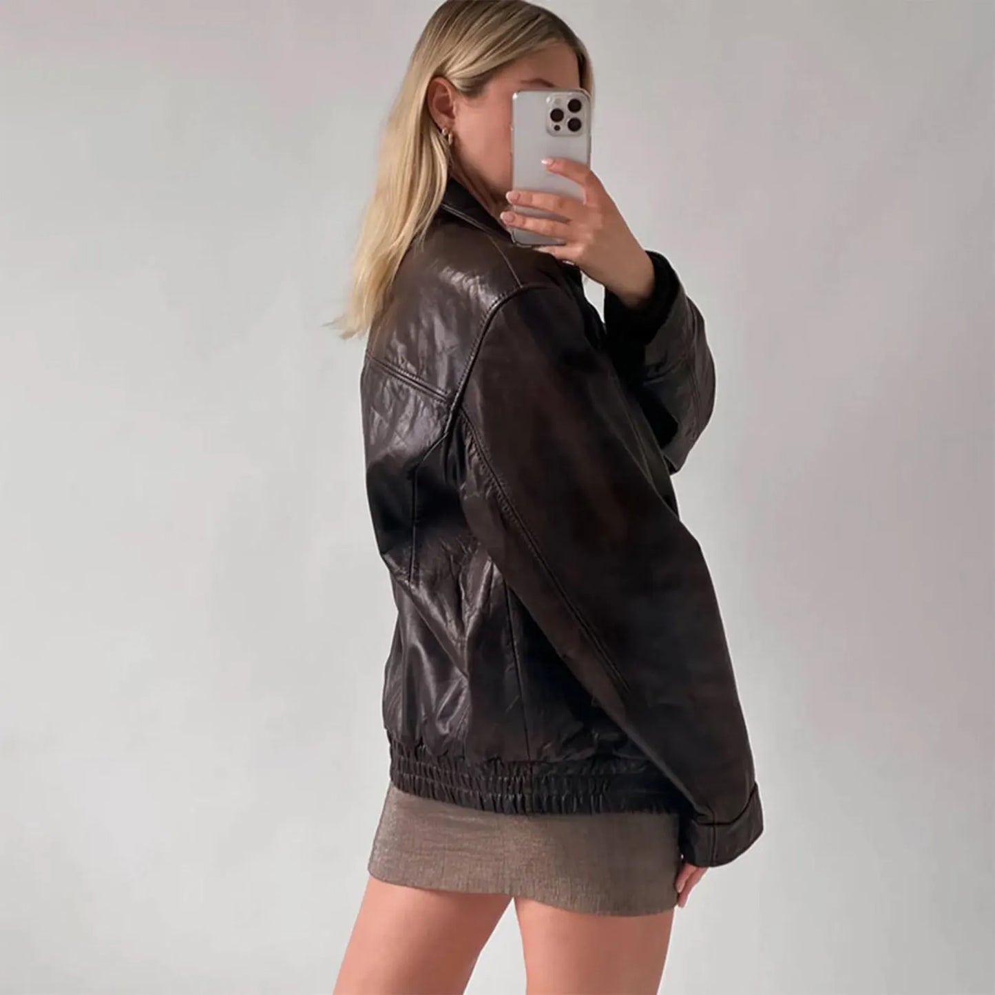 Dark Leather Women Oversized Jacket