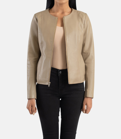 Beige Leather Collarless Jacket