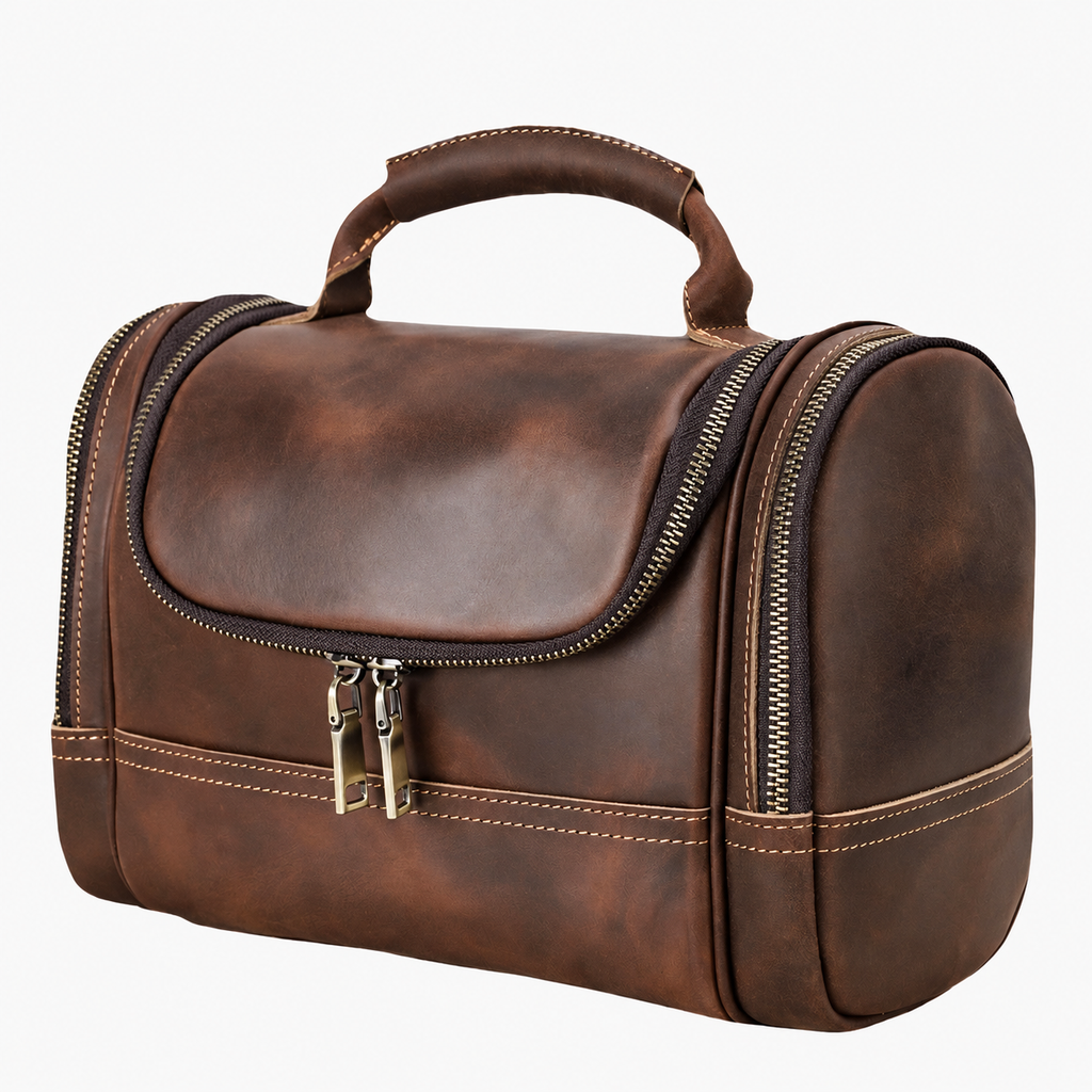 Men's Leather Bathroom Bag with Multi-Zip Travel Storage