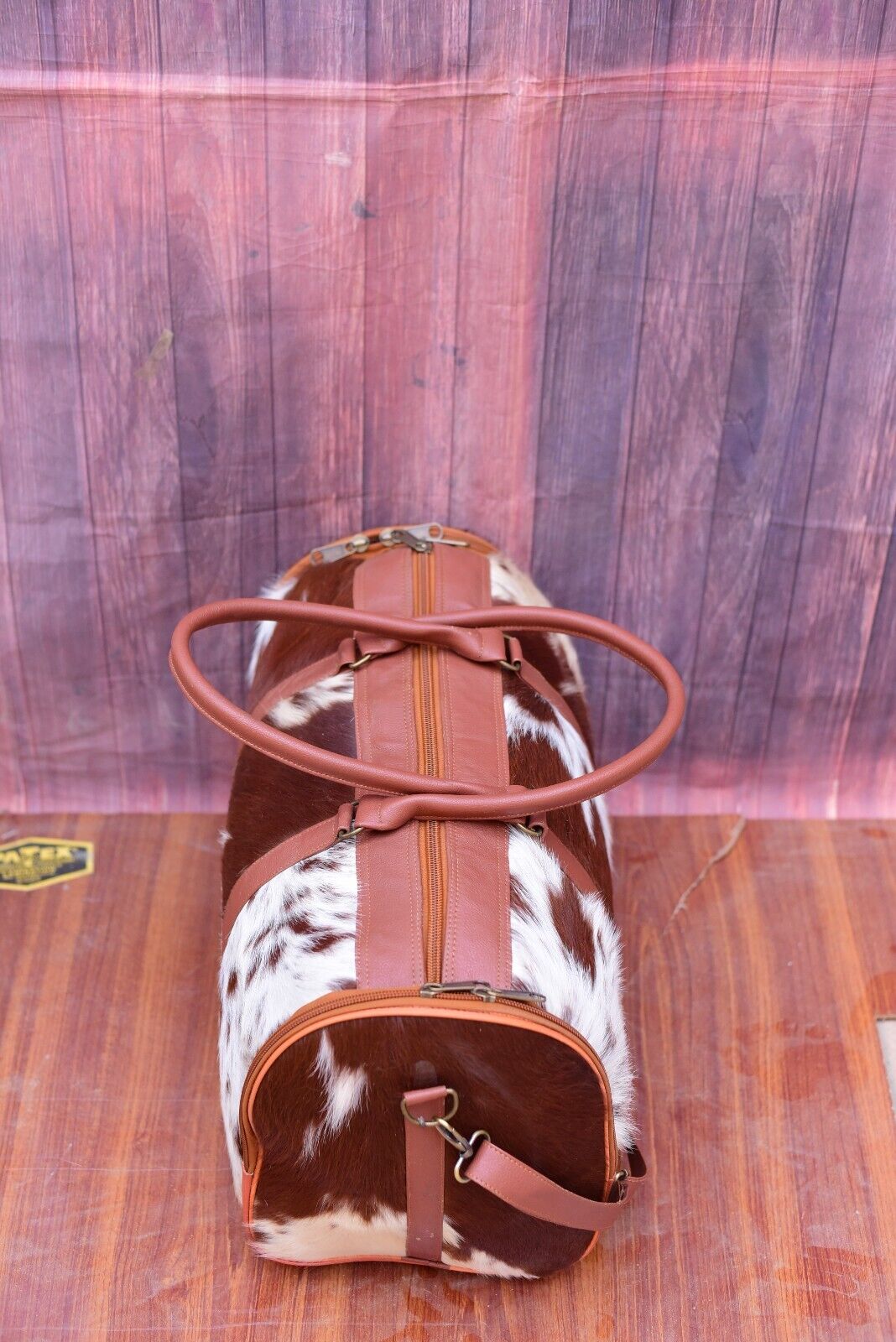 Brown White Cowhide Luggage Bag