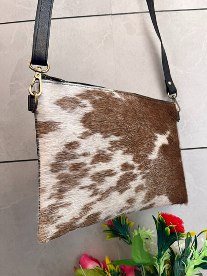 Cowhide Crossbody Bag Brown White