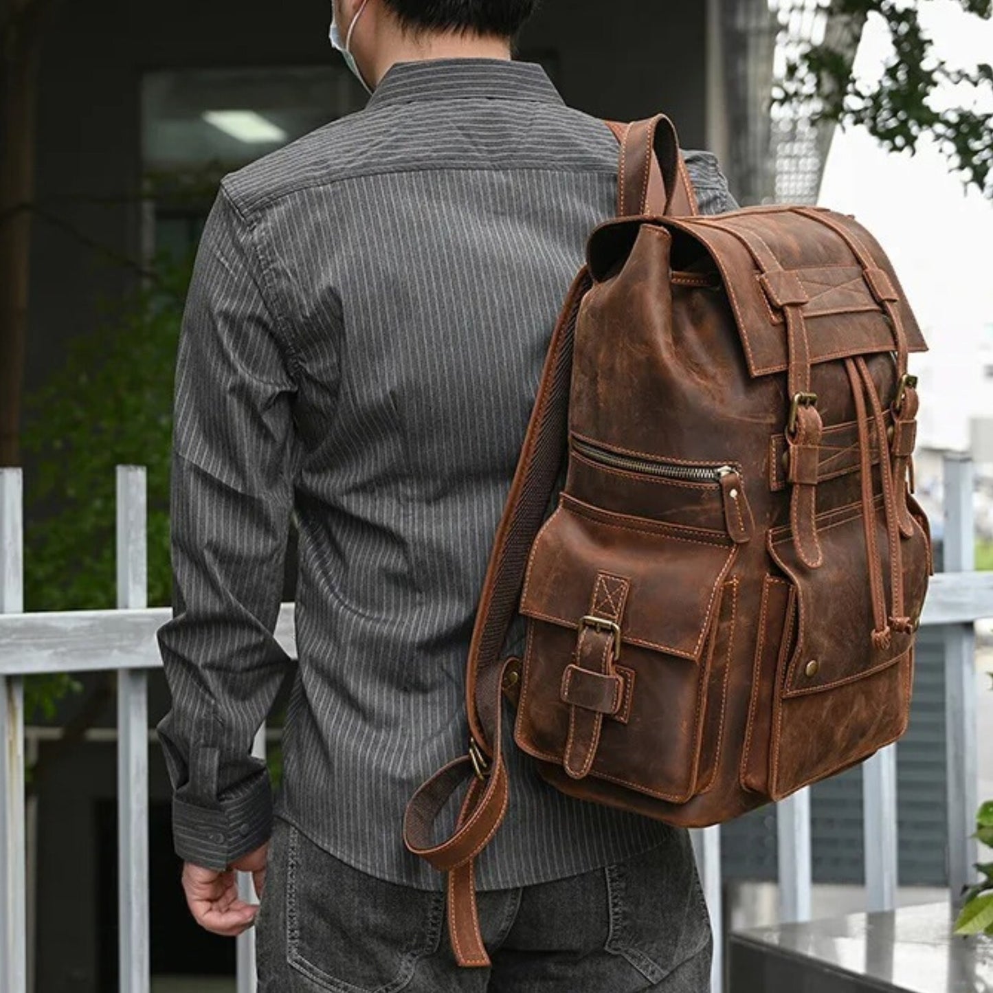 Brown leather laptop backpack