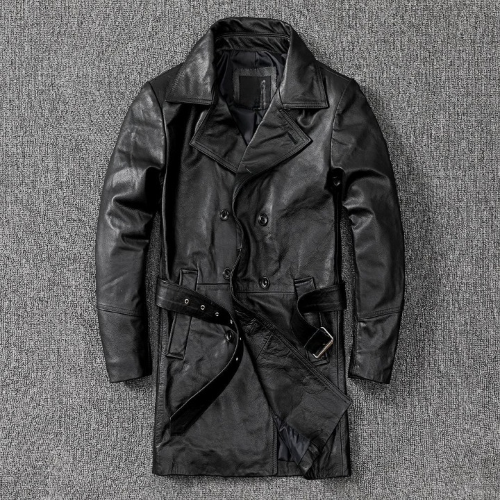 Men mid-length leather trench coat jacket