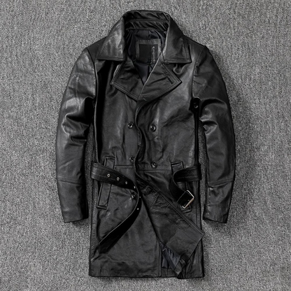 Men mid-length leather trench coat jacket