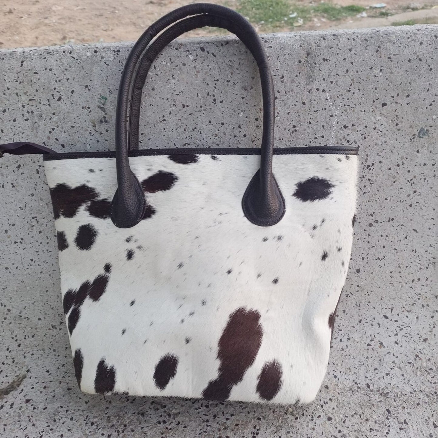 Cow Fur Tote Purse Black Brown White