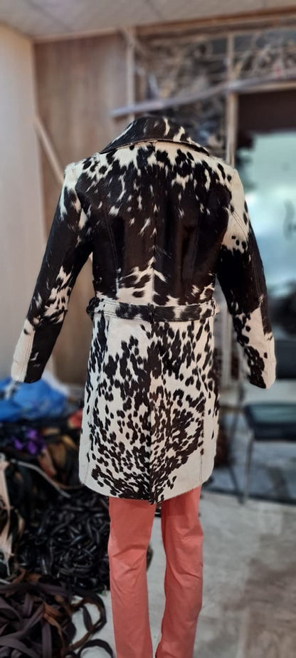 Cowhide Fur Long Coat Black White